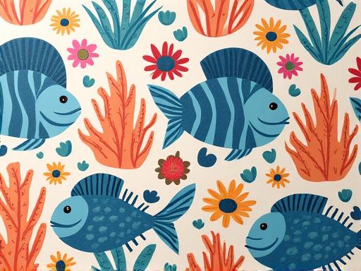 Primo piano di una carta da parati con un intricato motivo di pesci stilizzati e allegri coralli